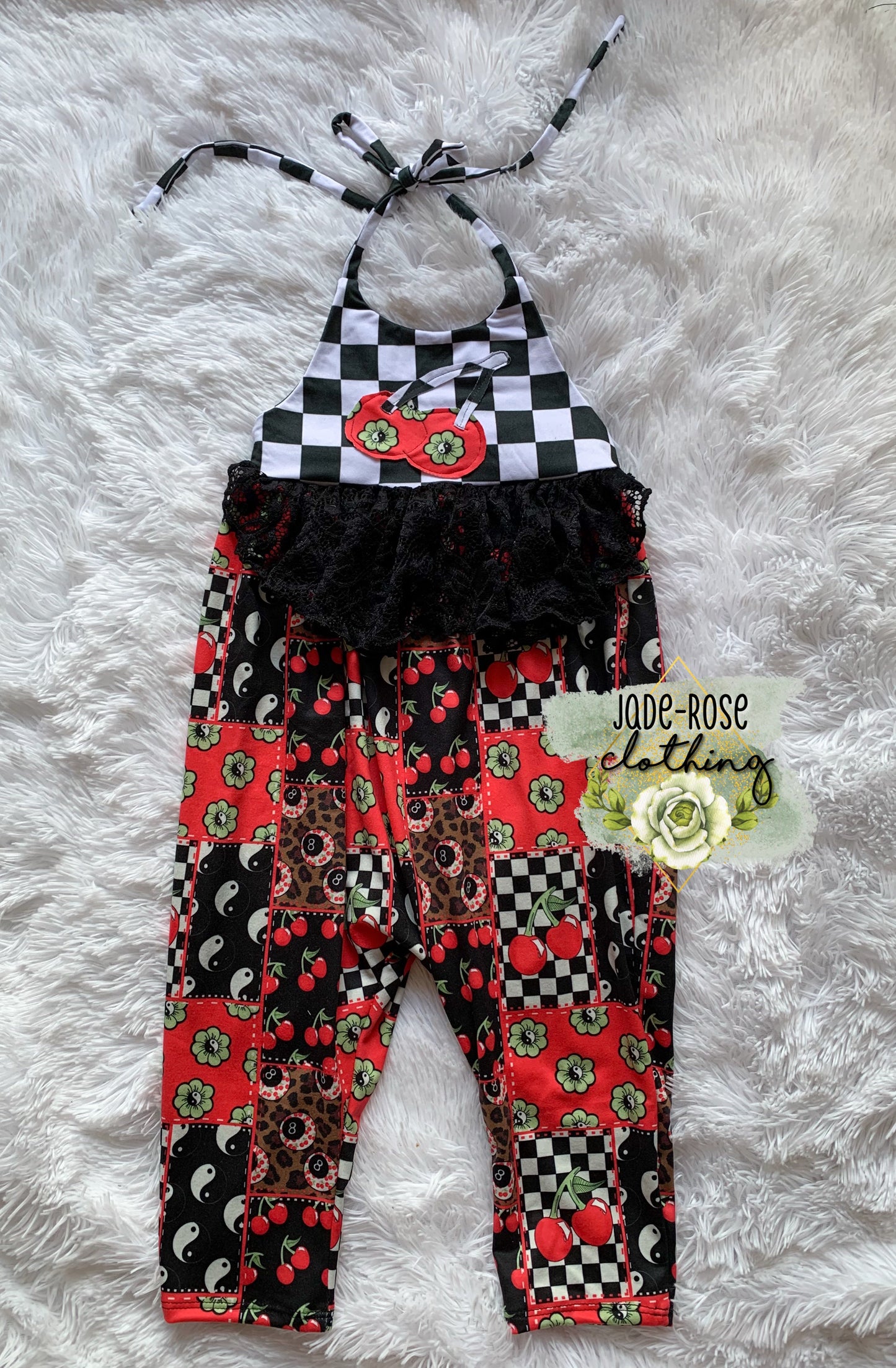 2T Clover Halter Pants Romper w/ Lace & “Patch” cherry