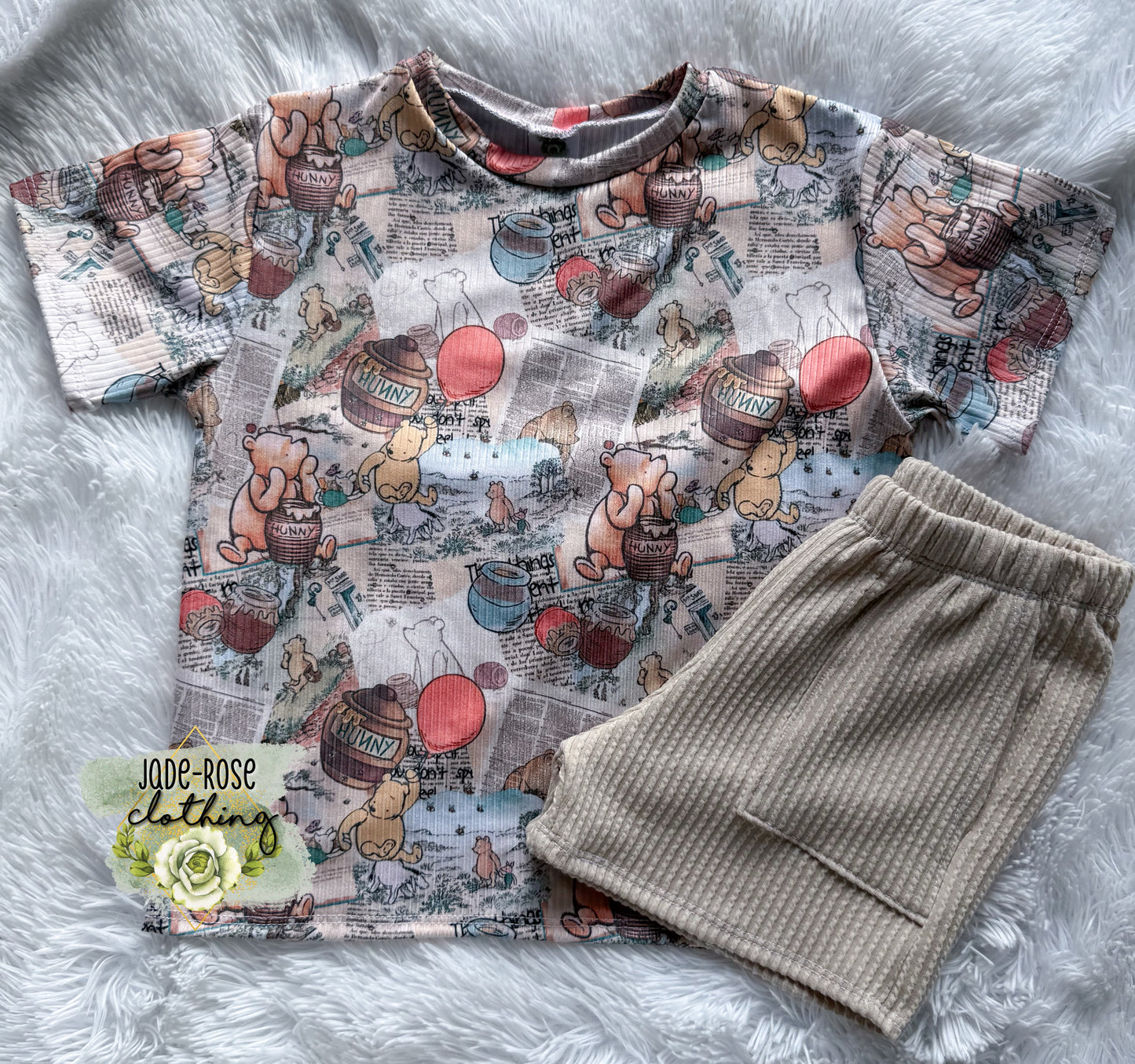 MTO: Pooh Summer Tee & Tan/Taupe Summer Shorts Set