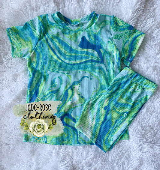 3T Basic Tee & Biker Set- Green/Blue Marble