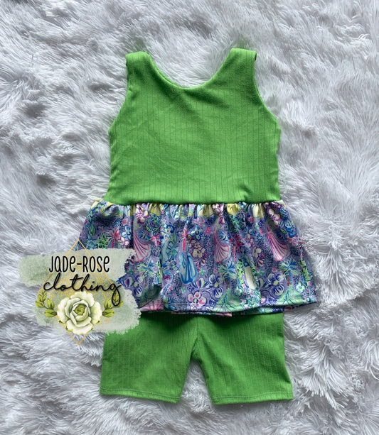 3T Olive Peplum & Biker Set (Elastic Waistband)