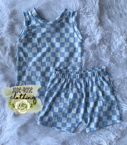 MADE TO ORDER Boy Shorts & Boy Tank Set- Blue Checkers