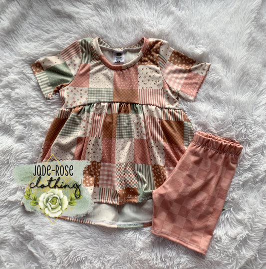 MADE TO ORDER Natalie Peplum & Biker Set- PW Top & Pink Checker Bottoms