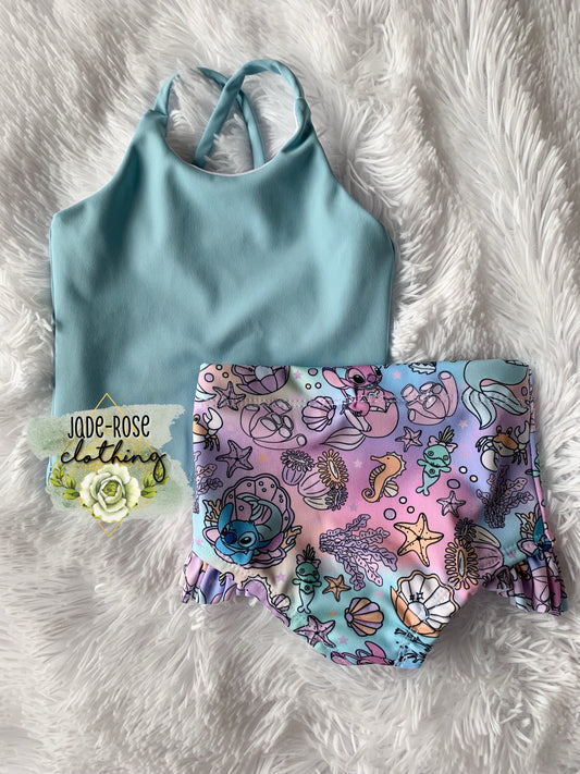 9/12M Crossback Crop & Ruffle Swim Bottoms