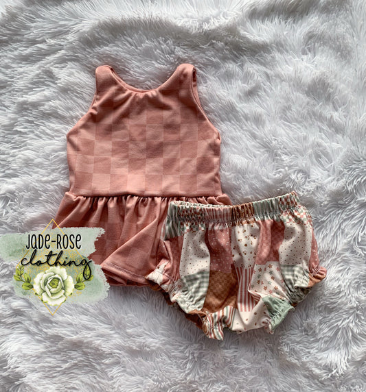 MADE TO ORDER Olive Peplum & Ruffle Shorties- Pink Checker Top & PW Bottoms