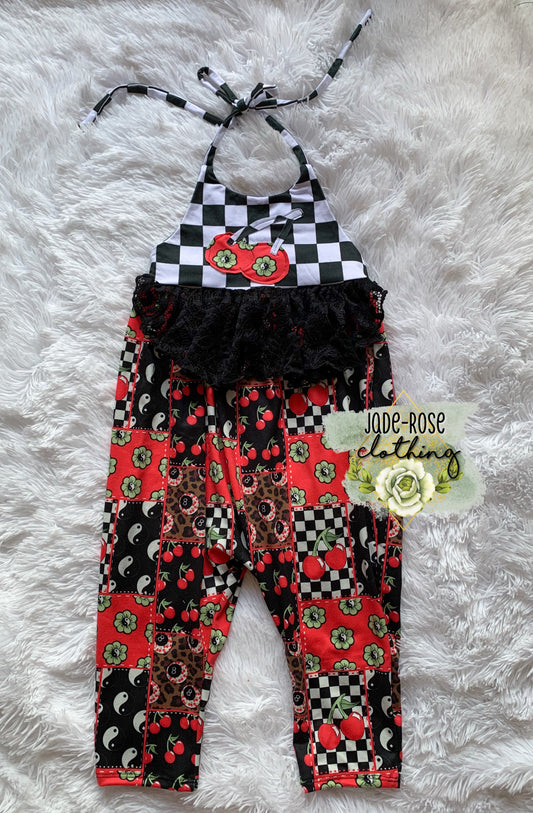 2T Clover Halter Pants Romper w/ Lace & “Patch” cherry