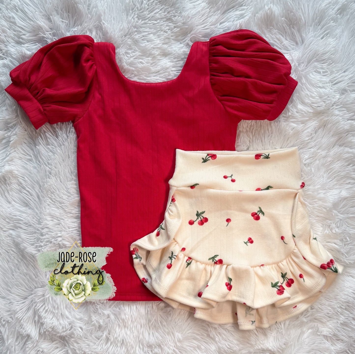 MTO: Red SS Bishop Top & Cherry Yara Ruffle Skort