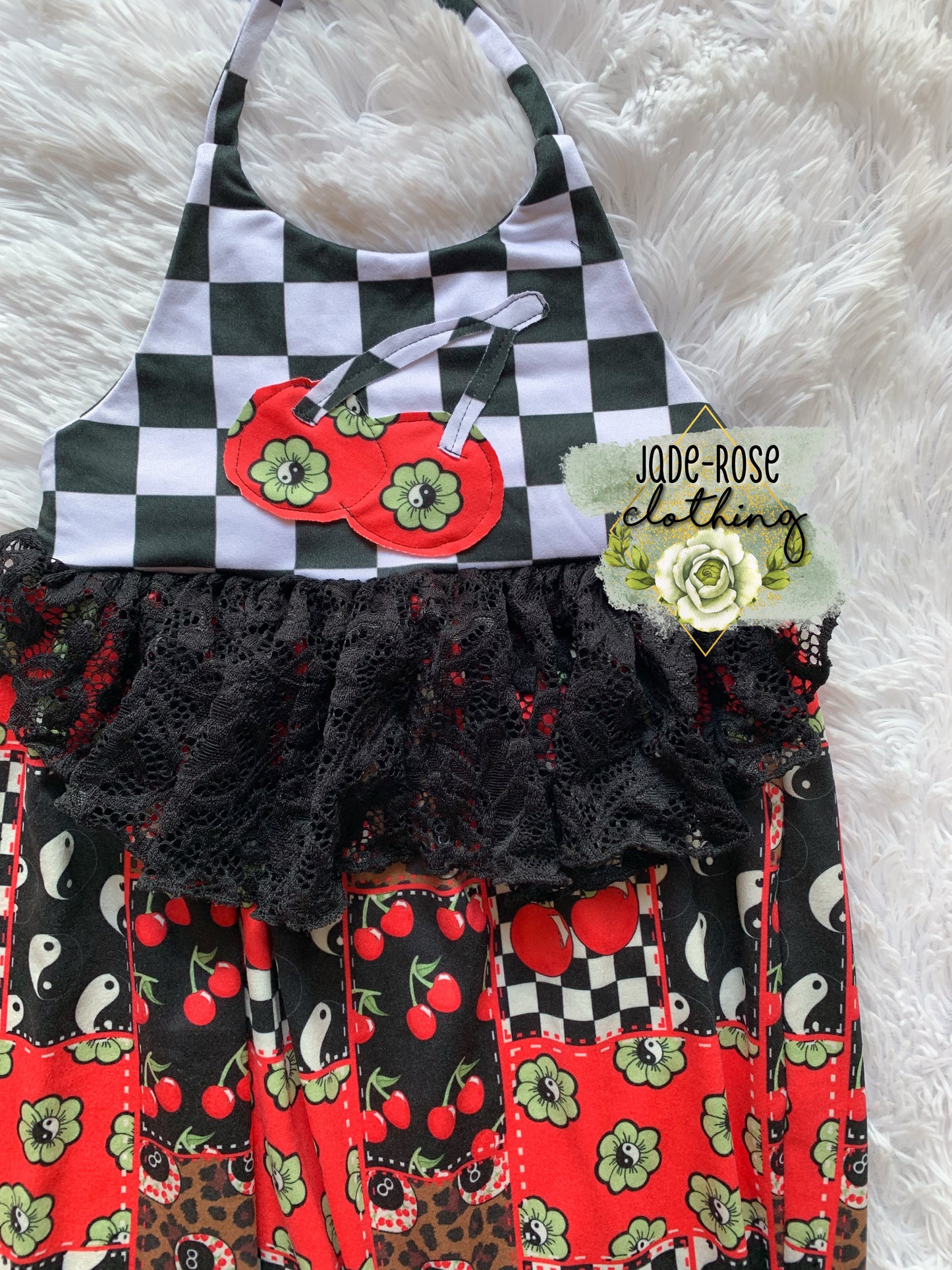 2T Clover Halter Pants Romper w/ Lace & “Patch” cherry