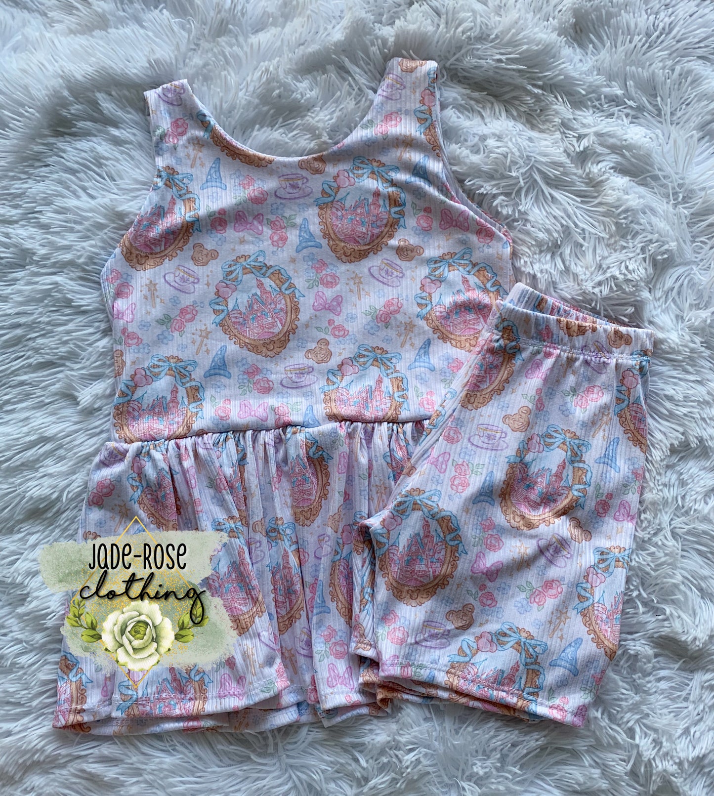 MTO: Pastel Magical Frames Olive Peplum & Biker Set