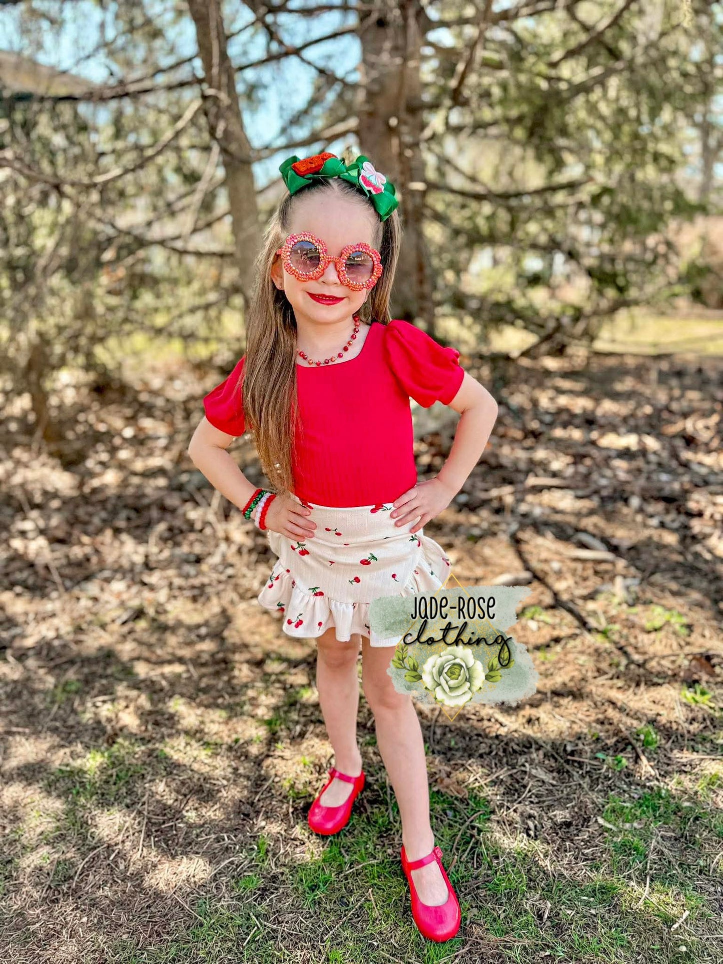 MTO: Red SS Bishop Top & Cherry Yara Ruffle Skort
